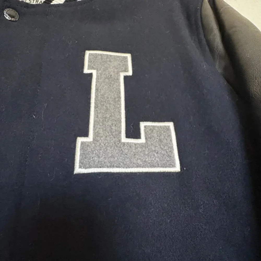 Levi’s Varsity Bomber Jacket L Navy Faux Leather Sleeves 73